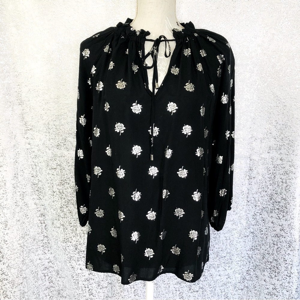 NWT HARVE BENARD Black & Silver Metallic Roses Tie Collar Blouse M - Picture 13 of 13